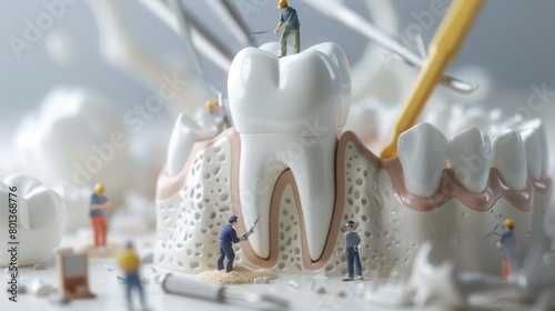 create a giant tooth, with some minature human workers work on the tooth, ultra realistic 3D, ultra detailed photo