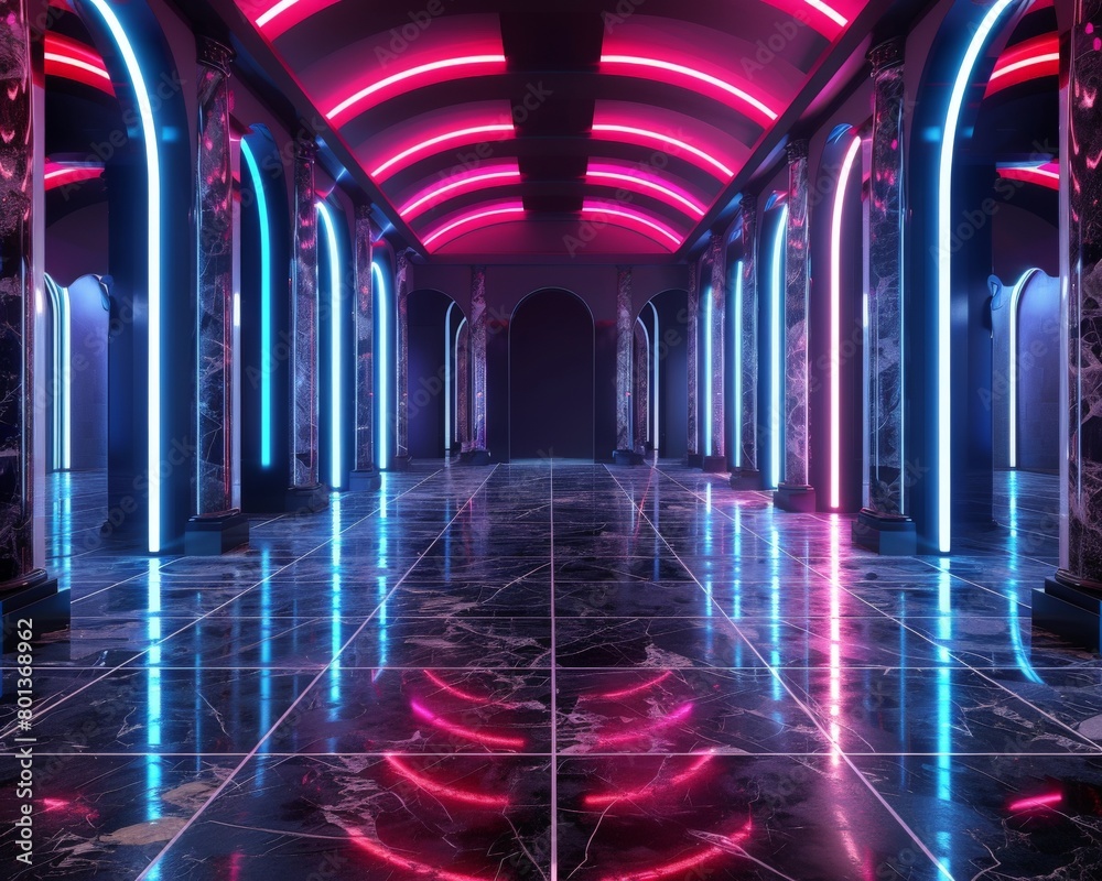 Futuristic dance club with a pulsating neon grid pattern embedded in the black marble floor 