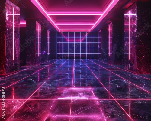 Futuristic dance club with a pulsating neon grid pattern embedded in the black marble floor 