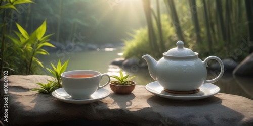 Wallpaper Mural Black tea in glass cup and teapot on summer outdoor background Torontodigital.ca