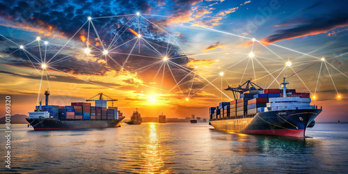 Cargo ships loaded with containers are anchored in a calm sea against a sunset sky with digital network connections overlaying the scene. The image highlights global shipping logistics.AI generated.