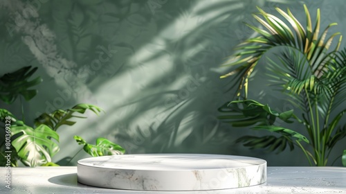White marble product display with tropical leaf shadows on green background.