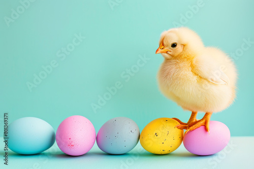 Yellow Chicken Sitting On Easter Colorful Eggs With Blue Background And Copy Space. Ai Generated  © eclypse78