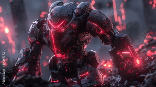 A battlefield scene with a massive, battle scarred robot, its damaged armor glowing ominously with neon light  photo