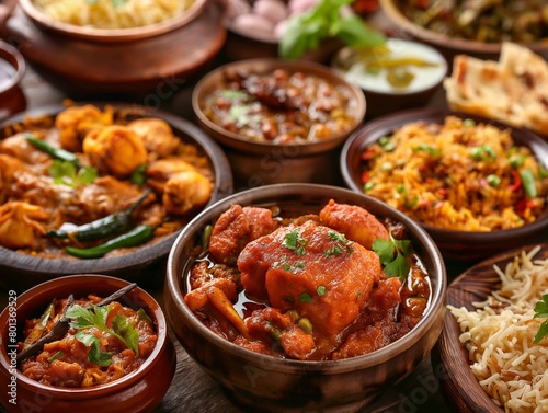 A vibrant spread of Indian cuisine, featuring rich curries, biryani, and naan, all beautifully garnished and ready to serve