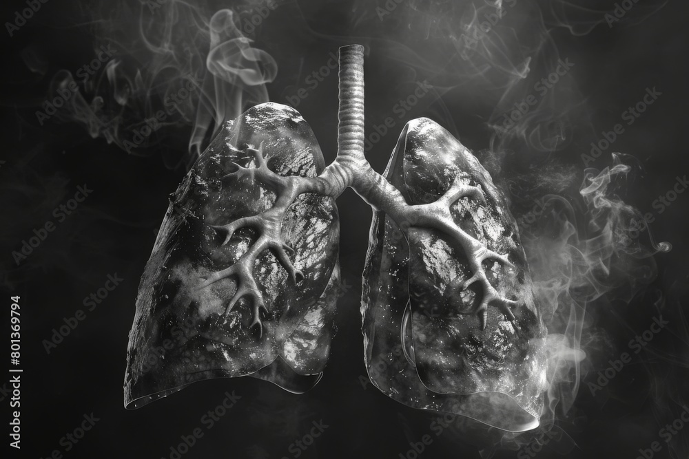 A black and white x-ray image of lungs, one healthy and clear, the other darkened and scarred from cigarette smoke A black and white x-ray image of lungs, one healthy and clear, the other darkened and scarred from cigarette smoke