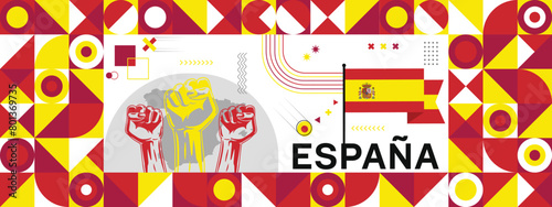 Flag and map of Espana with raised fists. National day or Independence day design for Counrty celebration. Modern retro design with abstract icons. Vector illustration.