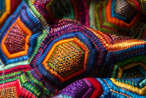 Close-up of Vibrant Handwoven Textiles Fabric with Colorful Embroidery Geometrical Patterns