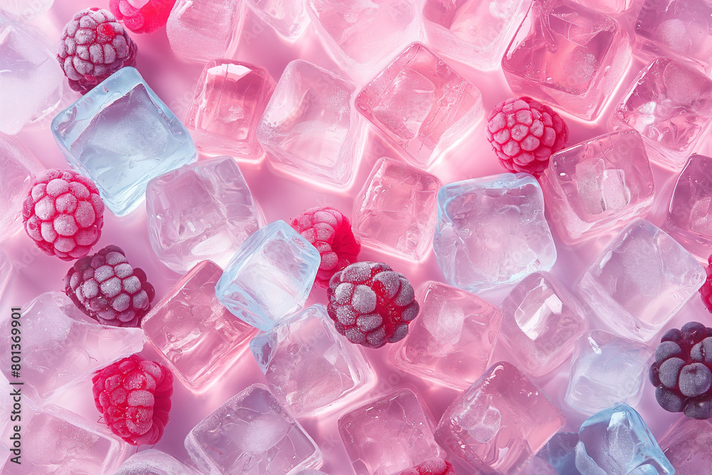 Cool and crisp, this image features frosty raspberries intermingled with translucent ice cubes on a pastel pink background, exuding a sense of freshness. Cool and crisp, this image features frosty raspberries intermingled with translucent ice cubes on a pastel pink background, exuding a sense of freshness.