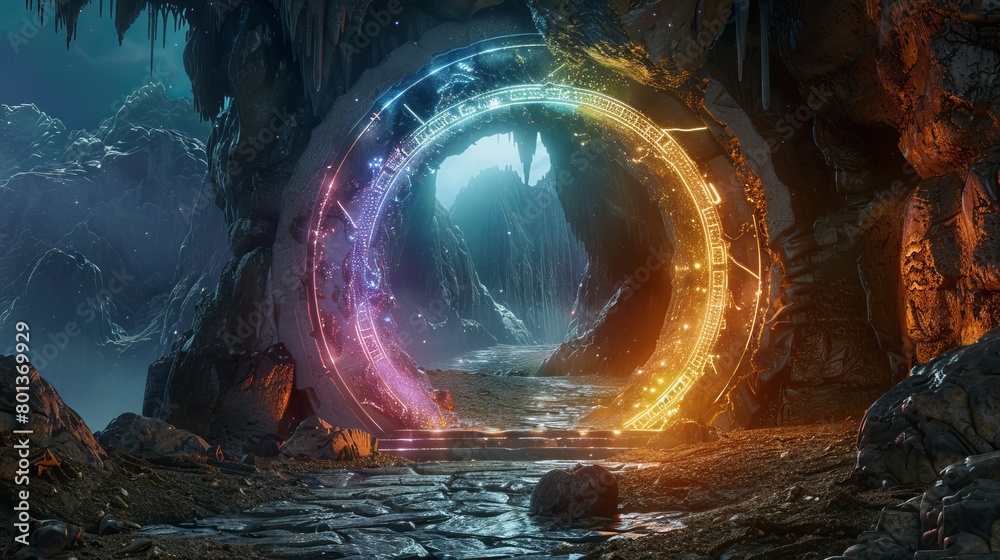 Imaginative portrayal of a portal within a stone arch in a mountain ...