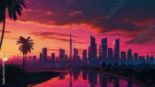 Silhouette city illuminated by sunset and straight through the city with retro vibes and synthwave style. photo