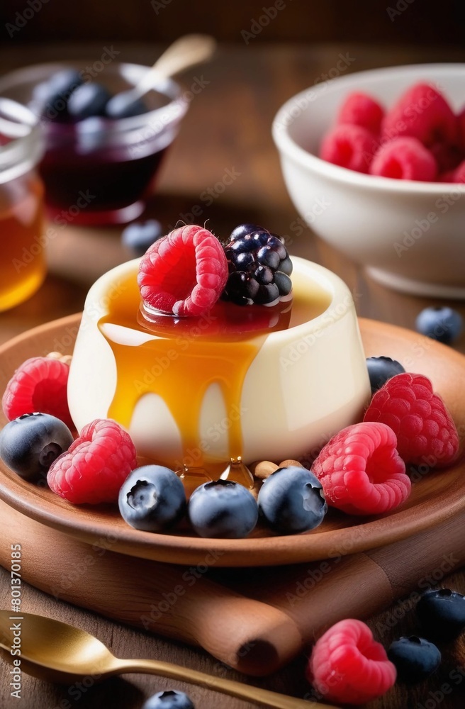 Panna cotta with fresh berries and salted caramel. Rustic style Panna cotta with fresh berries and salted caramel. Rustic style