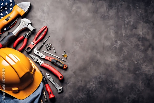 Labor day background concept. Flat lay of construction collar handy tools, with copy space photo