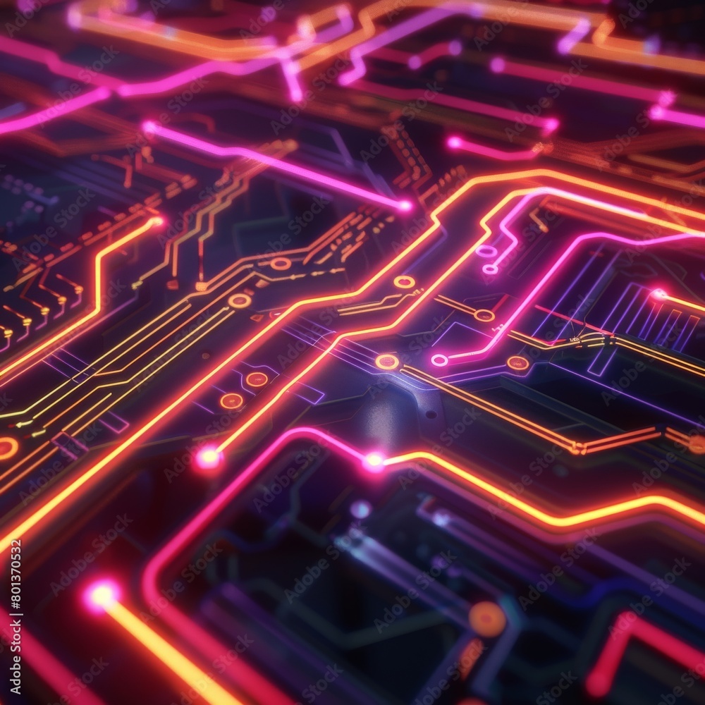 A closeup of a neon circuit board with glowing lines pulsating rapidly, resembling a futuristic engine core 
