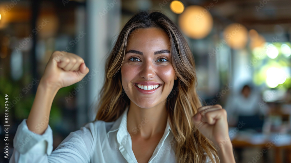 business woman looking at camera, proud of an accomplishment, joyous, in an office