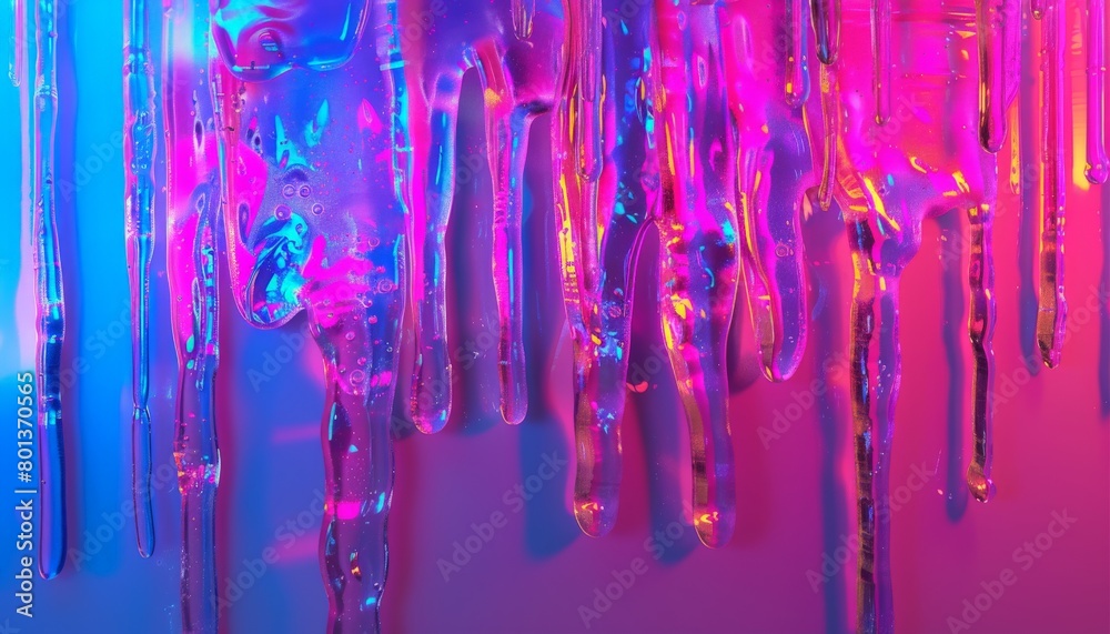 A closeup of a neon sign with dripping, melted glass, its colors distorted and warped for a dreamlike effect 