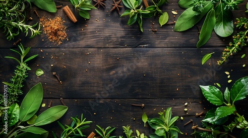 A variety of fresh green herbs and spices arranged on a dark wooden background.