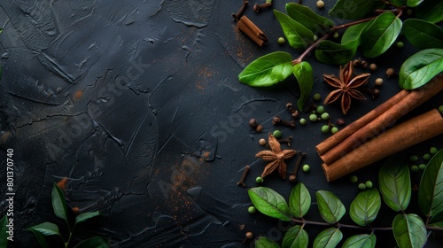 Aromatic spices and fresh green leaves arranged on a dark textured background.