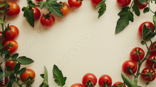 Fresh red tomatoes with vibrant green leaves on a light beige background, arranged in a frame with copy space.