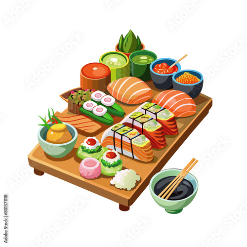 set of sushi and sashimi. Asian seafood sushi soy sauce. Sushi illustration with trout fish, salmon and caviar