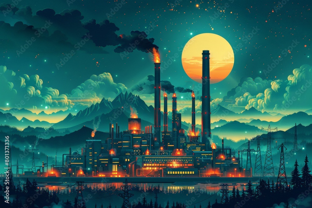 Obraz premium Nighttime industrial scene, glowing emissions, illustrates nuclear fission's pivotal role in sustainable electricity production. nuclear fission and use in generating electricity,