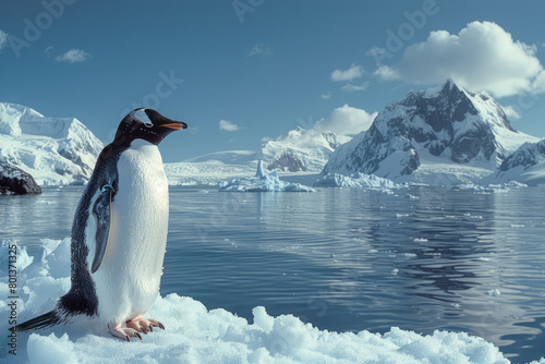 A depiction of a penguin on a small mound of artificial ice  looking towards a projected image of Antarctic ice fields 