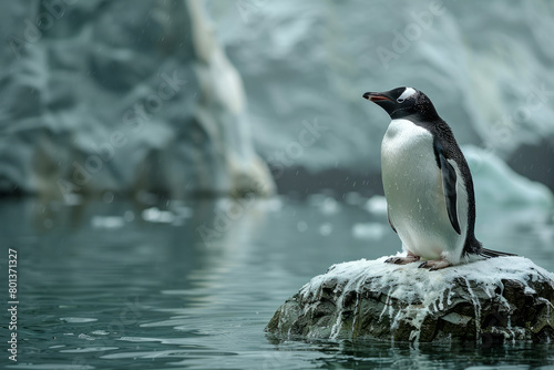 A depiction of a penguin on a small mound of artificial ice  looking towards a projected image of Antarctic ice fields 