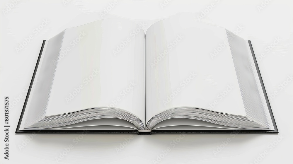Mockup of an open book with blank pages, isolated on a white background, shown from a top view perspective. 3D illustration Mockup of an open book with blank pages, isolated on a white background, shown from a top view perspective. 3D illustration