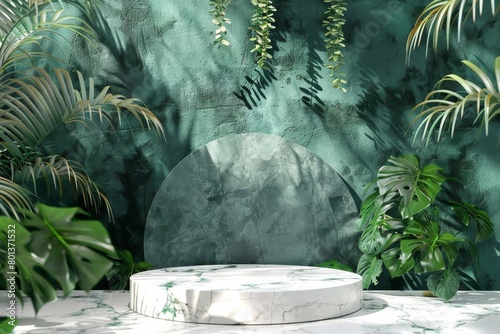 A marble podium in front of a green wall with tropical leaves. photo