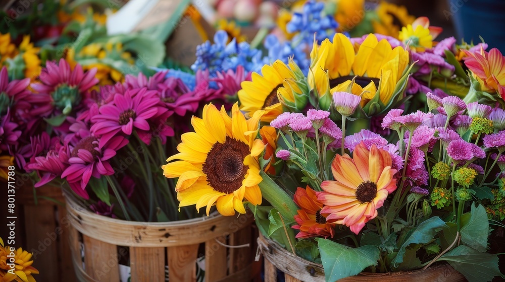 Vibrant summer farmers market. fresh produce, colorful flowers, and artisanal goods showcase