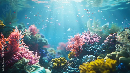 A vibrant Coral Reef, perfect for marine ecological research companies. The background showcases colorful corals and diverse marine life, offering a glimpse into the underwater world, Generative AI. © Анатолий Савицкий