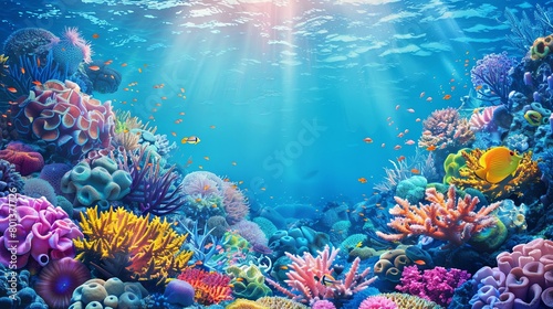 A vibrant Coral Reef  perfect for marine ecological research companies. The background showcases colorful corals and diverse marine life  offering a glimpse into the underwater world  Generative AI.