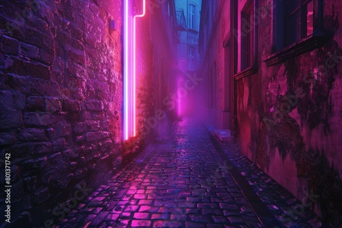 A dark alleyway with a single flickering neon sign casting an eerie, colorful glow on the cobblestone street 