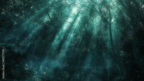 A dark and mysterious forest bathed in an ethereal glow, with shafts of moonlight piercing through the dense canopy of trees, creating a network of light and shadow lines 