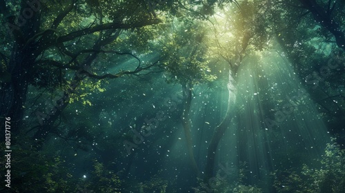 A dark and mysterious forest bathed in an ethereal glow, with shafts of moonlight piercing through the dense canopy of trees, creating a network of light and shadow lines 