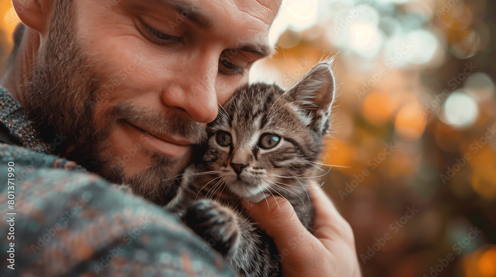 Happy, muscular man gently holds adorable kitten. Perfect for pet lovers & adoption campaigns. Happy, muscular man gently holds adorable kitten. Perfect for pet lovers & adoption campaigns.