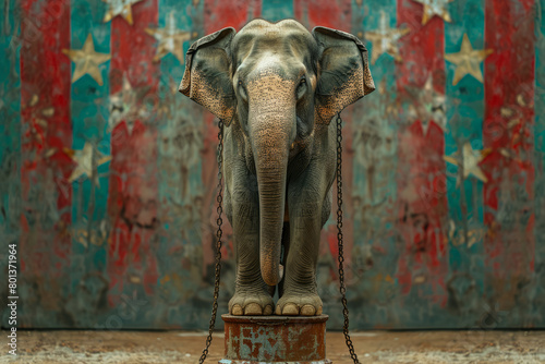 A poignant illustration of an elephant balancing on a small pedestal, with chains around its legs, set against a drab circus tent background, photo