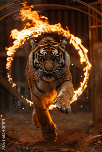A scene depicting a tiger leaping through a flaming hoop, with visible weariness in its eyes, confined within a small, barred cage, photo