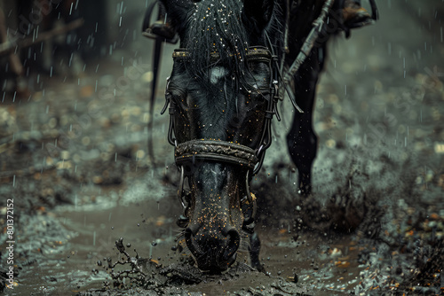 A poignant depiction of a horse with a glittering harness, performing intricate steps, the floor scattered with sawdust, suggesting the lack of proper stabling, photo
