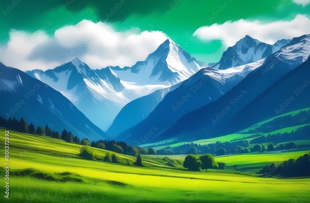 Pasture valley with snowy peak of mountain range, illustration in painting style