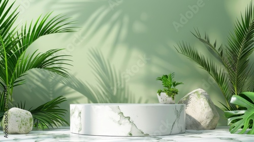 A white marble podium with a potted plant on it. There are green leaves and rocks around it. The background is a light green color.