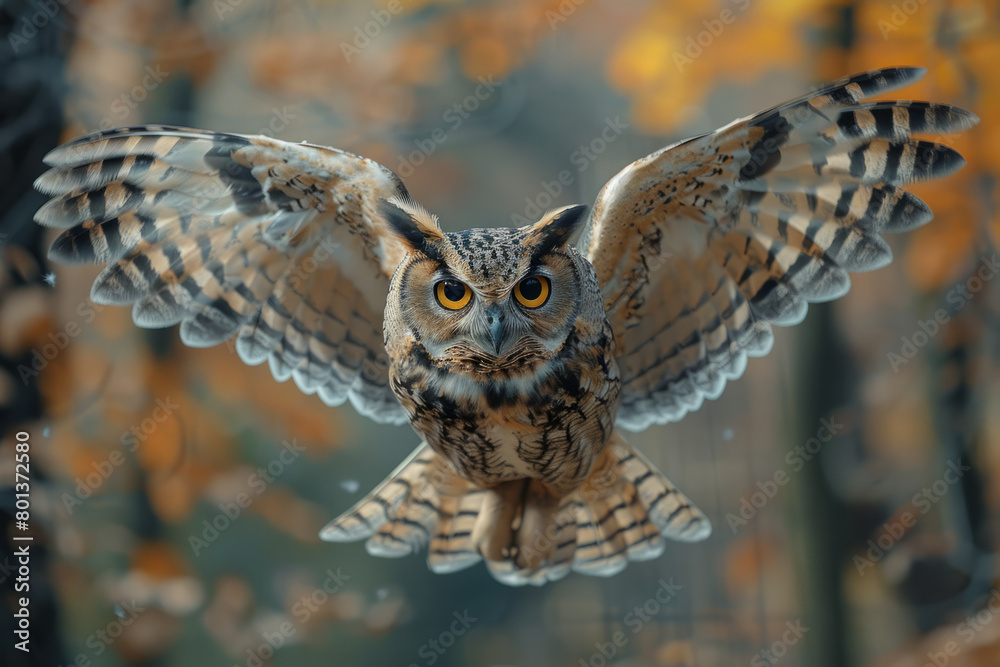 Fototapeta premium A depiction of a performing owl, flying to perches under command, with its cage cramped and devoid of trees,