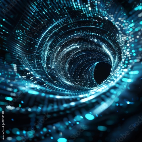 A data visualization chamber with a swirling black vortex filled with streams of glowing blue data and information 