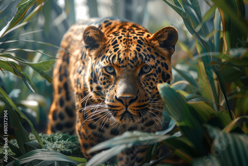 An illustration of a captive Amur leopard  with its striking coat  in a carefully constructed habitat that mimics its natural forest environment 