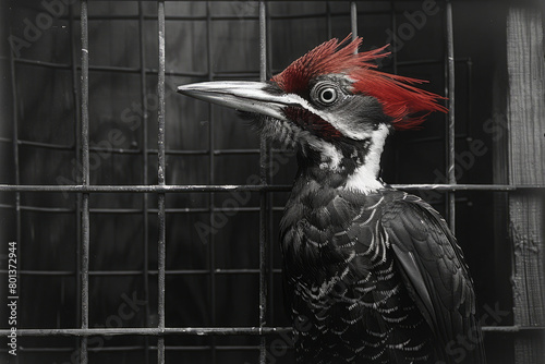 A detailed drawing of an ivory-billed woodpecker in a large aviary, symbolizing hope for species rumored to be extinct in the wild, photo