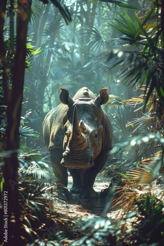 A scene showing a Javan rhino in a protected park area, surrounded by a simulated rainforest environment,