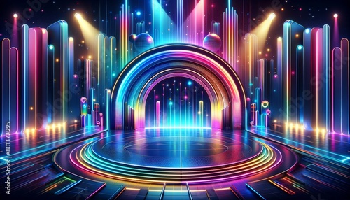 Stage shines with bright, colorful neon lights and a glowing arch. Neon lights and a circular stage give a modern, energetic feel.