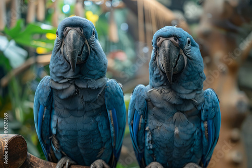 A detailed image of a pair of Spix's macaws, with a background showing their breeding enclosure designed to encourage natural behaviors. photo