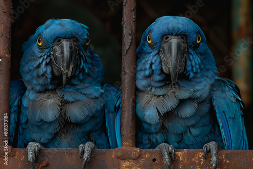 A detailed image of a pair of Spix's macaws, with a background showing their breeding enclosure designed to encourage natural behaviors. photo