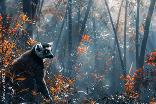 A depiction of a forest scene with a small population of Indri lemurs, emphasizing their dwindling habitat and conservation efforts, photo